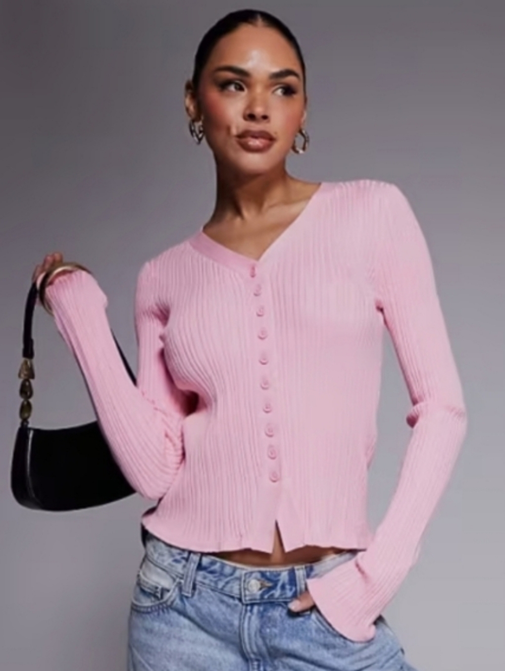 ASOS V Neck Pink Ribbed Button-Front Cardigan